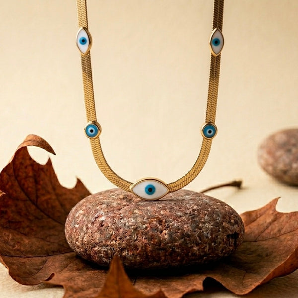 18K Gold Plated Evil Eye Herringbone Necklace | Blue Eye Protection Choker on Flat Snake Chain