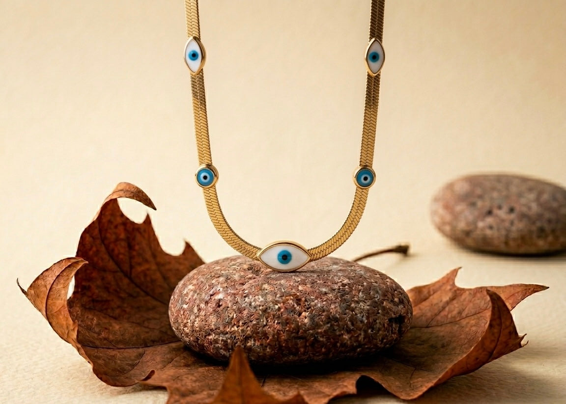 18K Gold Plated Evil Eye Herringbone Necklace | Blue Eye Protection Choker on Flat Snake Chain