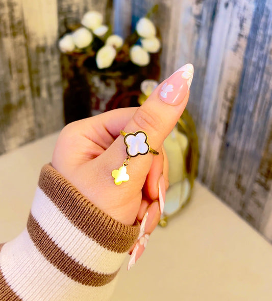Elegant 18K Gold Plated Mother of Pearl Style White Clover Dangle Ring | Designer Alhambra Inspired Charm Ring | Tarnish-Free Stainless Steel Floral Jewelry - ACERO JEWELS