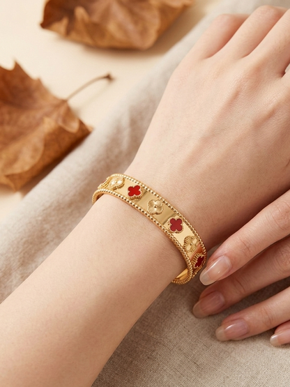 18k Gold Plated Four-Leaf Clover Bangle – Red Enamel & Gold Motif Bracelet