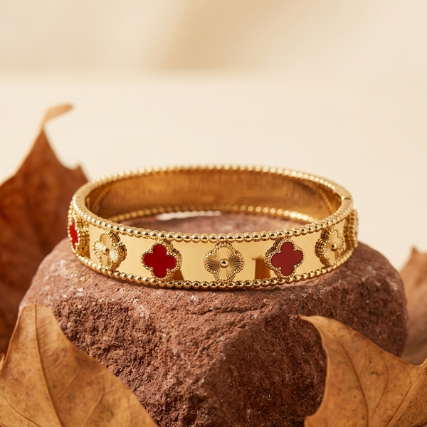 18k Gold Plated Four-Leaf Clover Bangle – Red Enamel & Gold Motif Bracelet