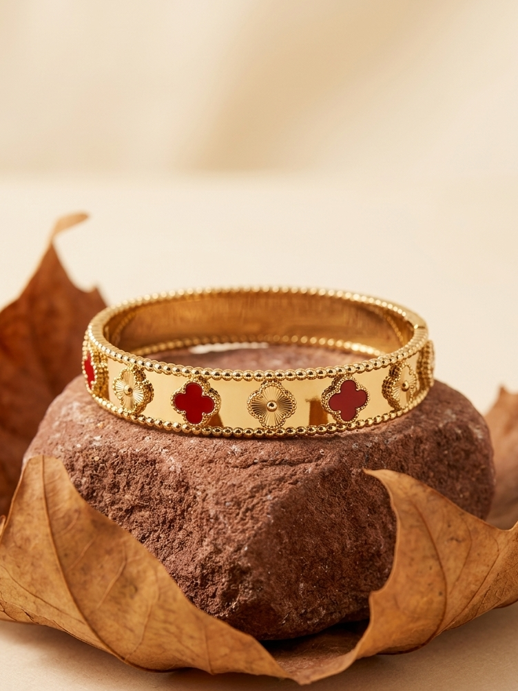 18k Gold Plated Four-Leaf Clover Bangle – Red Enamel & Gold Motif Bracelet