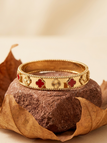 18k Gold Plated Four-Leaf Clover Bangle – Red Enamel & Gold Motif Bracelet