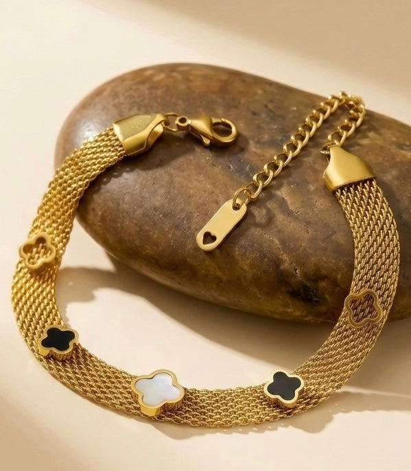 18k Gold Plated Multi-Charm Mesh Clover Bracelet