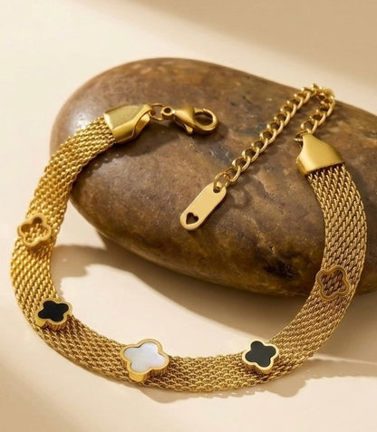 18k Gold Plated Multi-Charm Mesh Clover Bracelet