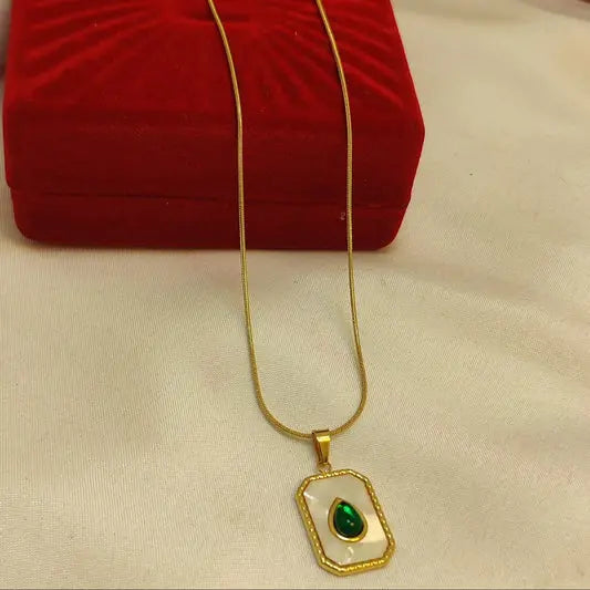 18K Gold Plated Emerald Green Teardrop Necklace | Vintage Rectangular Medallion with Pearl Inlay - ACERO JEWELS