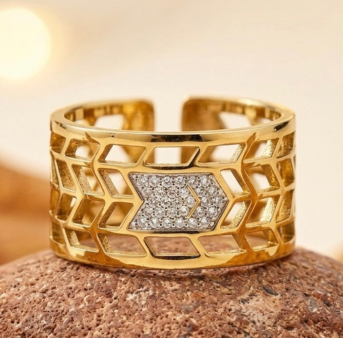 18K Gold Plated Arrow Statement Ring - Wide Honeycomb Cutout Band - Sparkling Crystal Arrow Ring - Adjustable Gold Fashion Jewelry
