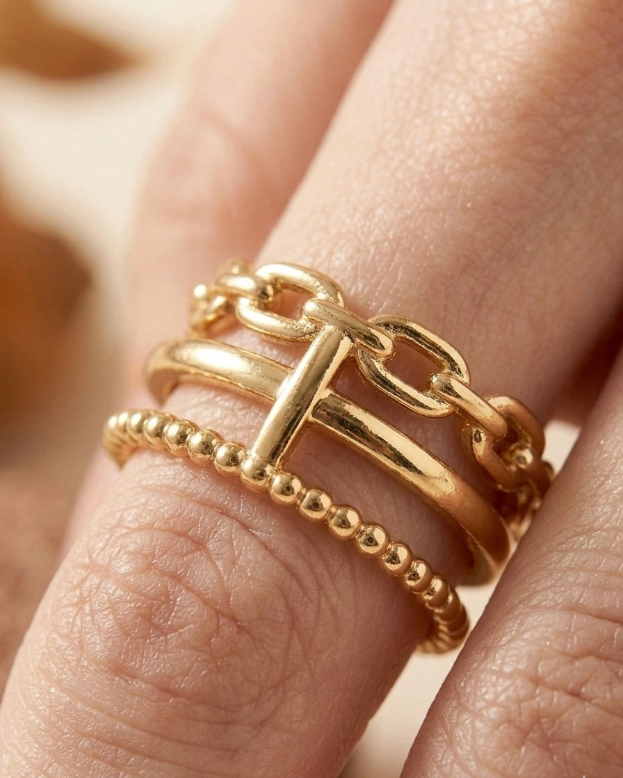 18k Gold-Plated Mixed Link & Beaded Stacking Ring ACERO JEWELS