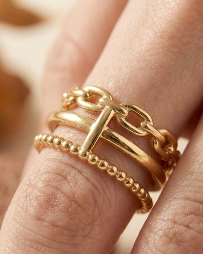 18k Gold-Plated Mixed Link & Beaded Stacking Ring ACERO JEWELS