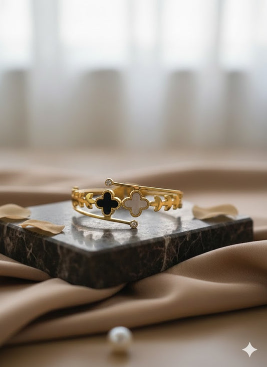 Luxury Double Clover Bypass Bangle – Tarnish-Free Stainless Steel Mother of Pearl Style Bracelet