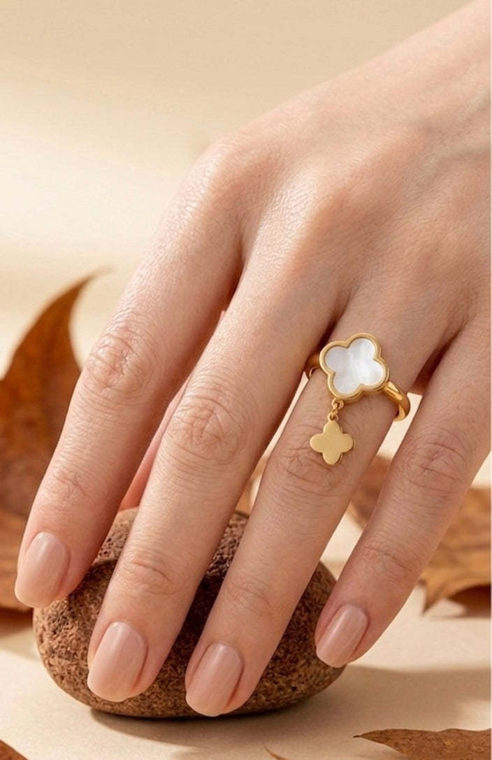 Elegant 18K Gold Plated Mother of Pearl Style White Clover Dangle Ring | Designer Alhambra Inspired Charm Ring | Tarnish-Free Stainless Steel Floral Jewelry