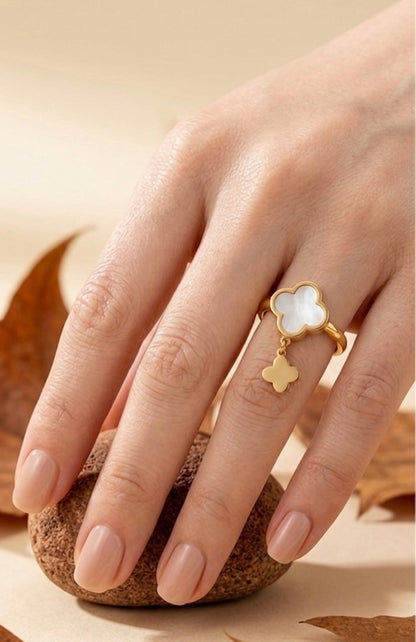 Elegant 18K Gold Plated Mother of Pearl Style White Clover Dangle Ring | Designer Alhambra Inspired Charm Ring | Tarnish-Free Stainless Steel Floral Jewelry
