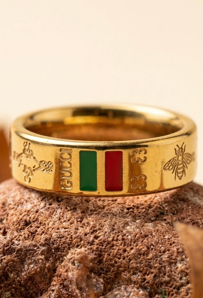 Designer Inspired 18K Gold Plated Band Ring | Luxury Italian Style Enamel Striped Ring | Premium Waterproof Stainless Steel Ring for Men & Women