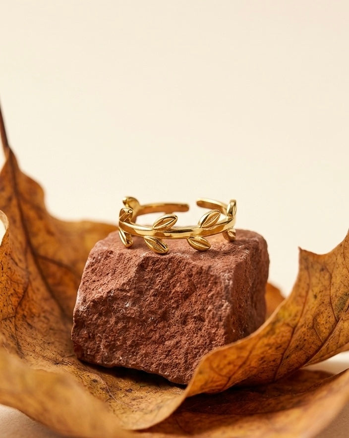 Dainty 18K Gold Plated Laurel Leaf Vine Ring | Minimalist Olive Branch Eternity Band for Women | Waterproof & Tarnish-Free Stainless Steel Nature Jewelry