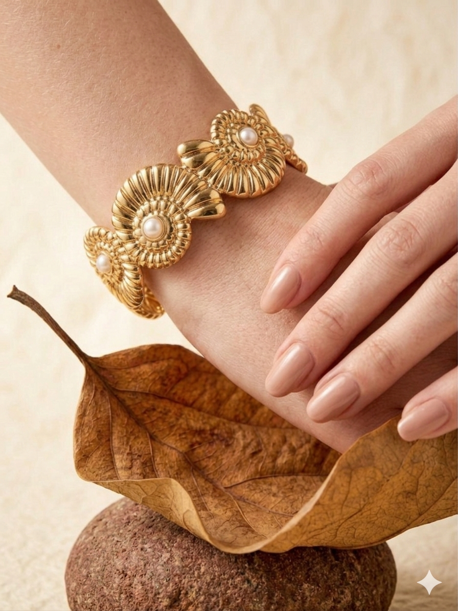 18K Gold Plated Ammonite Shell Cuff Bracelet – Marine Pearl Statement Bangle