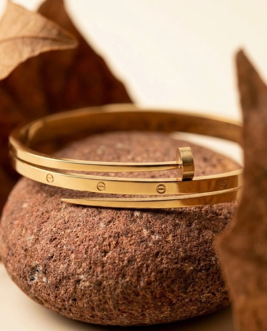 18K Gold Plated Nail & Screw Bangle – Minimalist Stackable Cuff Bracelet