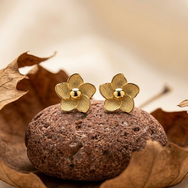 Vintage Gold Textured Flower Stud Earrings | Matte Finish Floral Statement Earrings | Retro Botanical Gold Studs for Women | Chic Daily Wear Jewelry