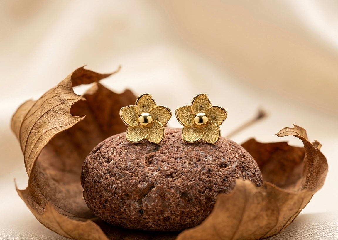 Vintage Gold Textured Flower Stud Earrings | Matte Finish Floral Statement Earrings | Retro Botanical Gold Studs for Women | Chic Daily Wear Jewelry