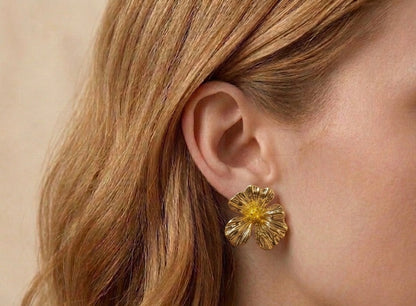 18K Gold Plated Vintage Floral Stud Earrings | Textured 3D Flower Earrings for Women