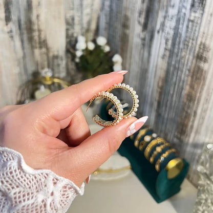 Luxury 18K Gold Plated Pearl Inlay Hoop Earrings | Elegant Textured Twisted Gold & Pearl Huggies | Vintage Style Statement Jewelry for Women - ACERO JEWELS