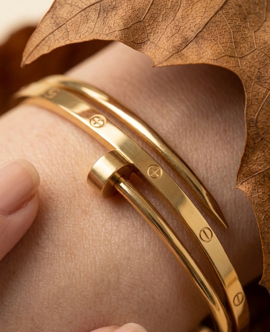 18K Gold Plated Nail & Screw Bangle – Minimalist Stackable Cuff Bracelet