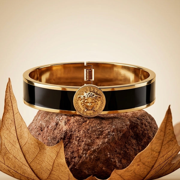 18k Gold Plated Greek Mythology Bangle – Medusa Inspired Black Enamel Bracelet