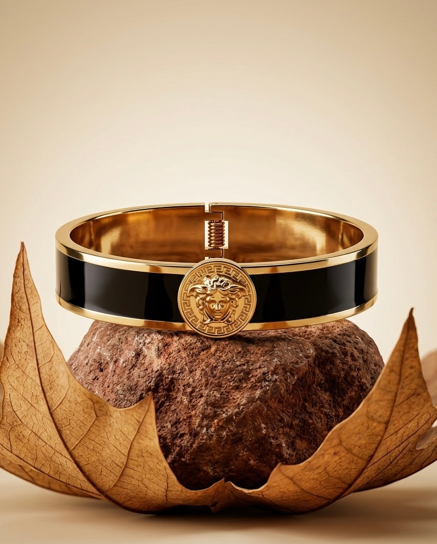 18k Gold Plated Greek Mythology Bangle – Medusa Inspired Black Enamel Bracelet