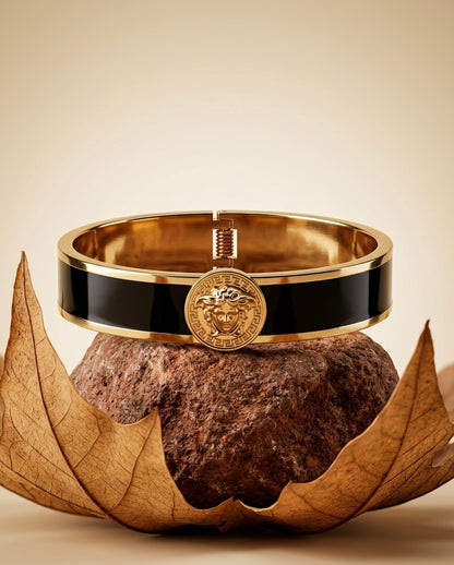 18k Gold Plated Greek Mythology Bangle – Medusa Inspired Black Enamel Bracelet