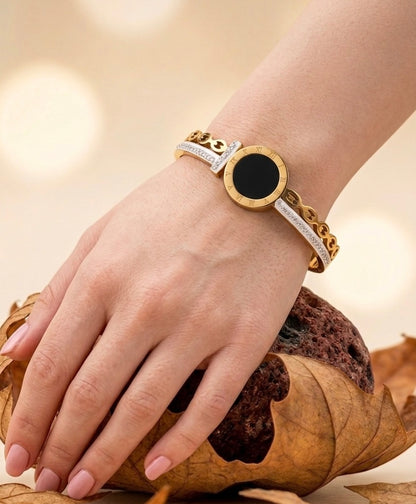 Luxury 18K Gold Plated Roman Numeral Bangle with Onyx Centerpiece