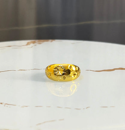 Gold Starry Night Croissant Ring - Bold Engraved Celestial Statement Ring - Tarnish Resistant Gold Chunky Band - ACERO JEWELS