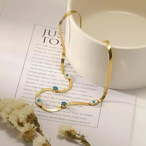 18K Gold Plated Evil Eye Herringbone Necklace | Blue Eye Protection Choker on Flat Snake Chain - ACERO JEWELS