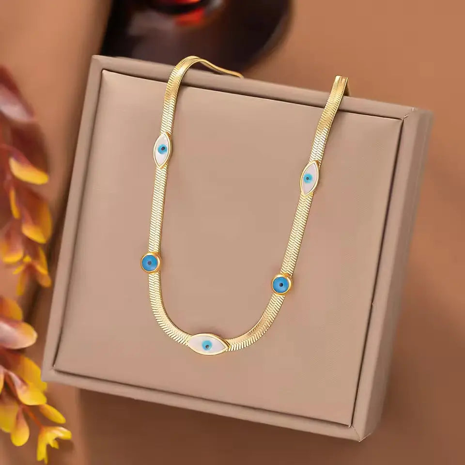 18K Gold Plated Evil Eye Herringbone Necklace | Blue Eye Protection Choker on Flat Snake Chain - ACERO JEWELS