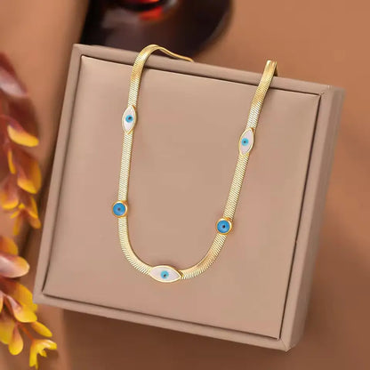 18K Gold Plated Evil Eye Herringbone Necklace | Blue Eye Protection Choker on Flat Snake Chain - ACERO JEWELS