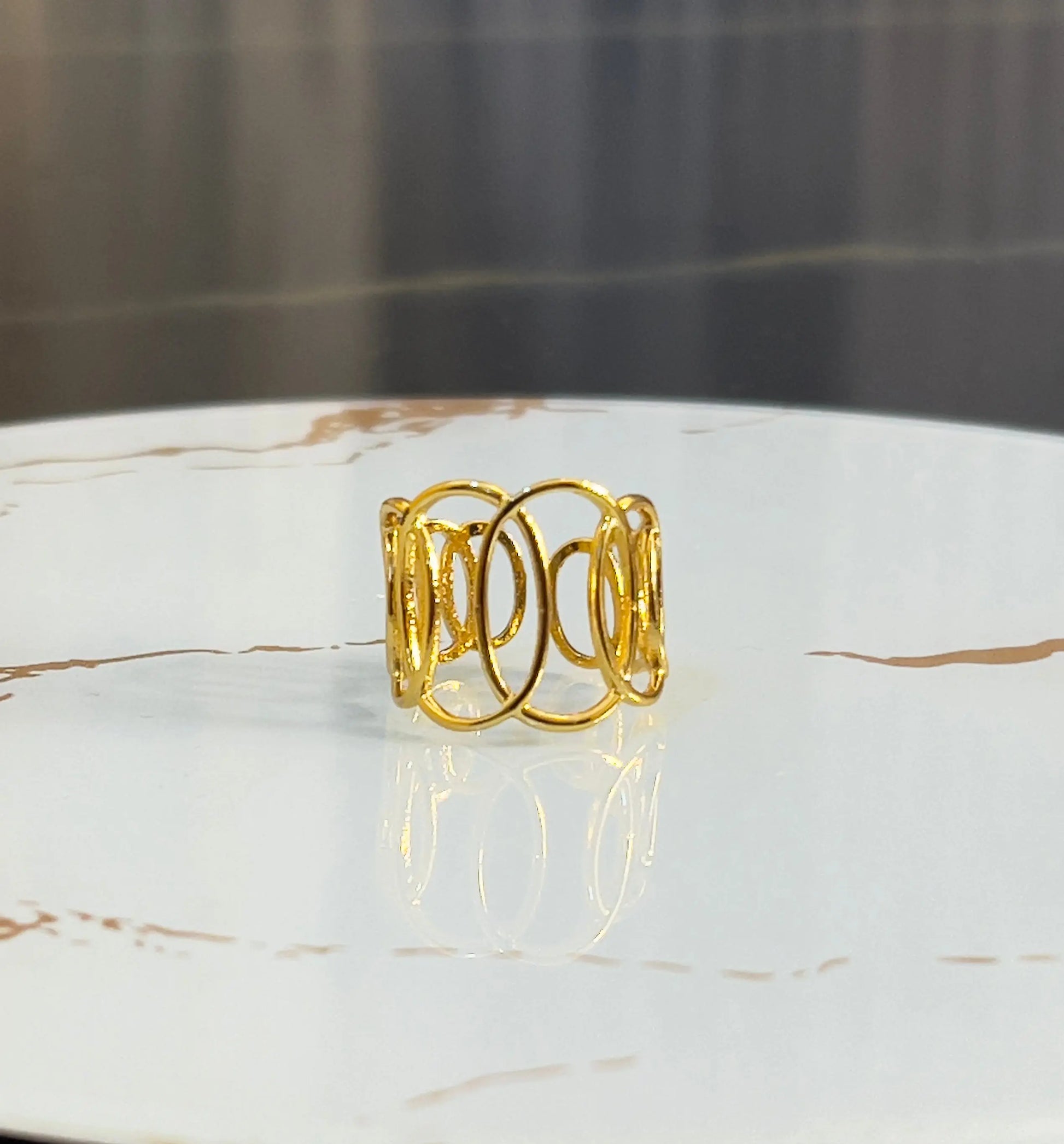 18K Gold Plated Abstract Oval Ring - Geometric Openwork Statement Band - Wide Filigree Hollow Ring - Minimalist Linked Circle Jewelry - ACERO JEWELS