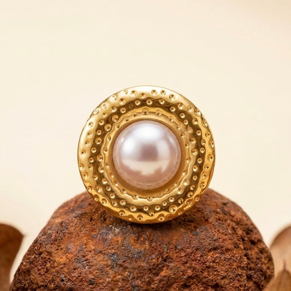 18k Gold Plated Hammered Pearl Button Ring