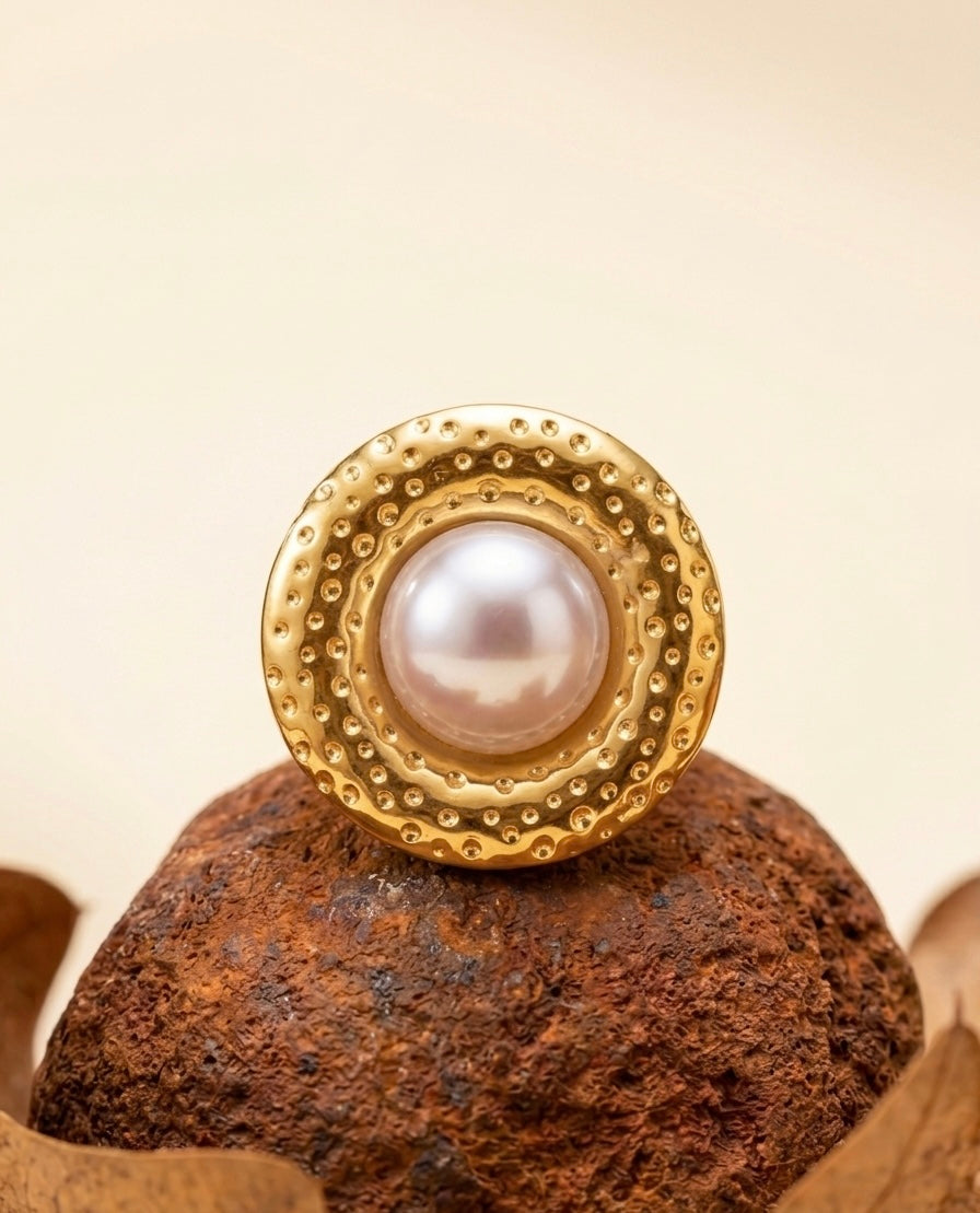18k Gold Plated Hammered Pearl Button Ring