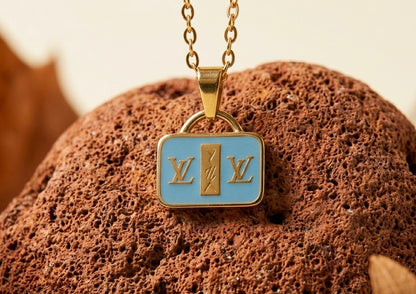 18K Gold Plated Mini Sky Blue Handbag Necklace | Designer-Inspired Enamel Purse Pendant