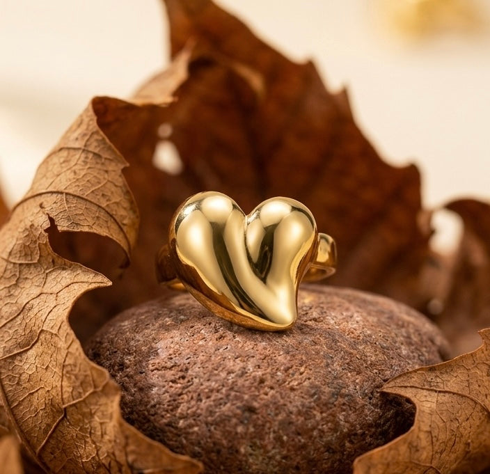 18K Gold Plated Chunky Puffy Heart Ring – Bold Molten Heart Statement Jewelry