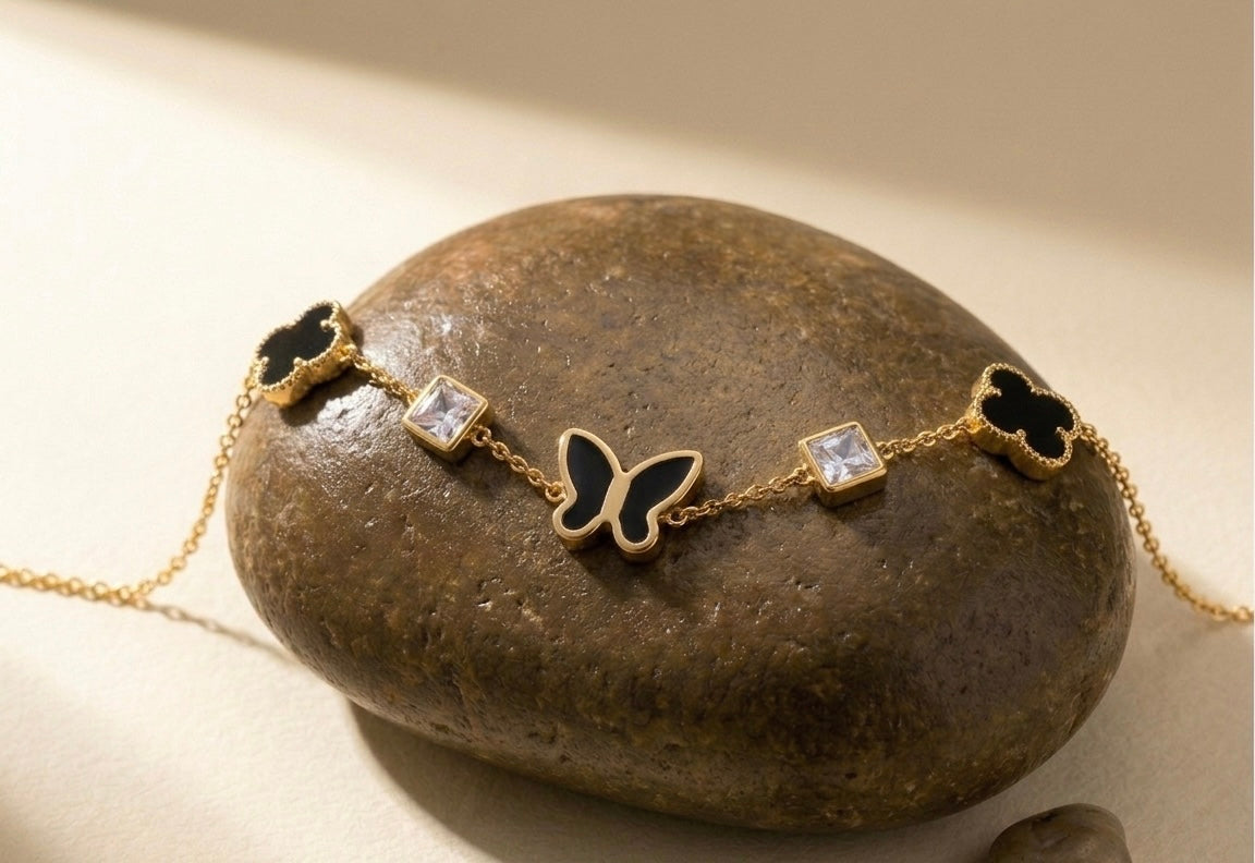 Gold Butterfly Charm Bracelet with Black Clovers | Waterproof & Tarnish-Free