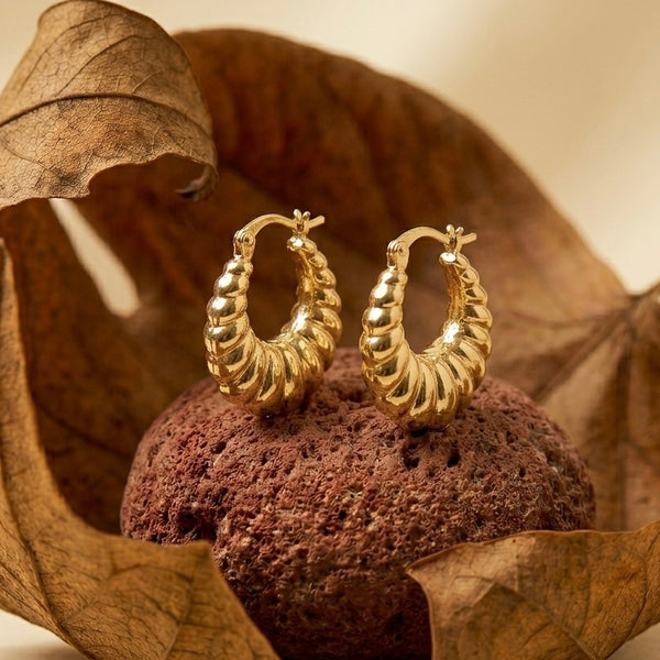 18K Gold Plated Croissant Hoop Earrings | Textured Ribbed Chunky Hoops for Women