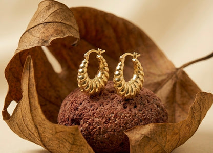 18K Gold Plated Croissant Hoop Earrings | Textured Ribbed Chunky Hoops for Women
