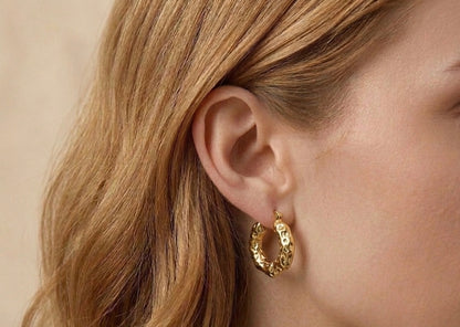 18K Gold Plated Molten Textured Hoop Earrings | Hammered Chunky Gold Hoops for Women