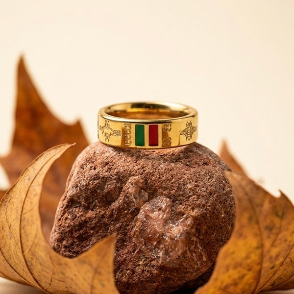 Designer Inspired 18K Gold Plated Band Ring | Luxury Italian Style Enamel Striped Ring | Premium Waterproof Stainless Steel Ring for Men & Women