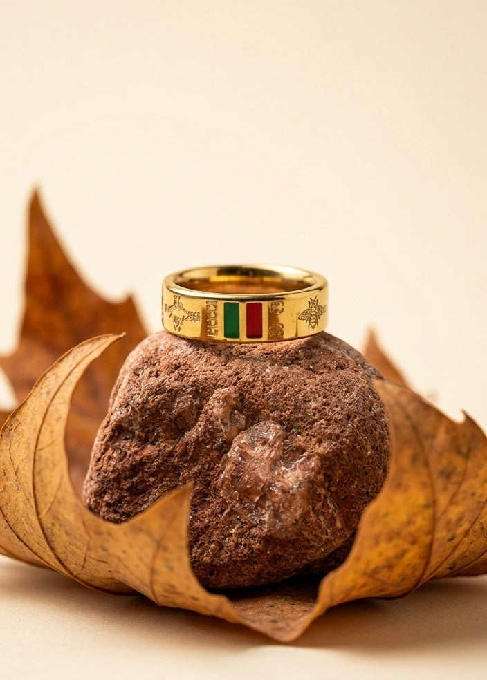 Designer Inspired 18K Gold Plated Band Ring | Luxury Italian Style Enamel Striped Ring | Premium Waterproof Stainless Steel Ring for Men & Women