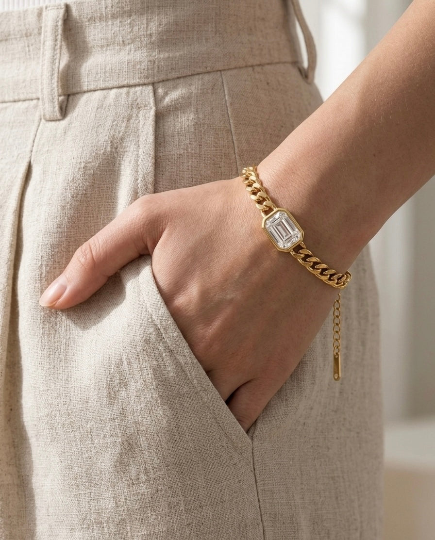 18K Gold Plated Emerald-Cut Zircon Curb Chain Bracelet