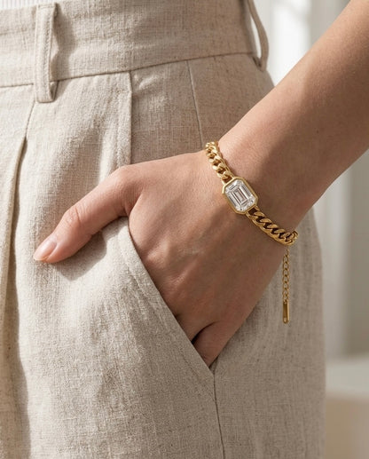 18K Gold Plated Emerald-Cut Zircon Curb Chain Bracelet