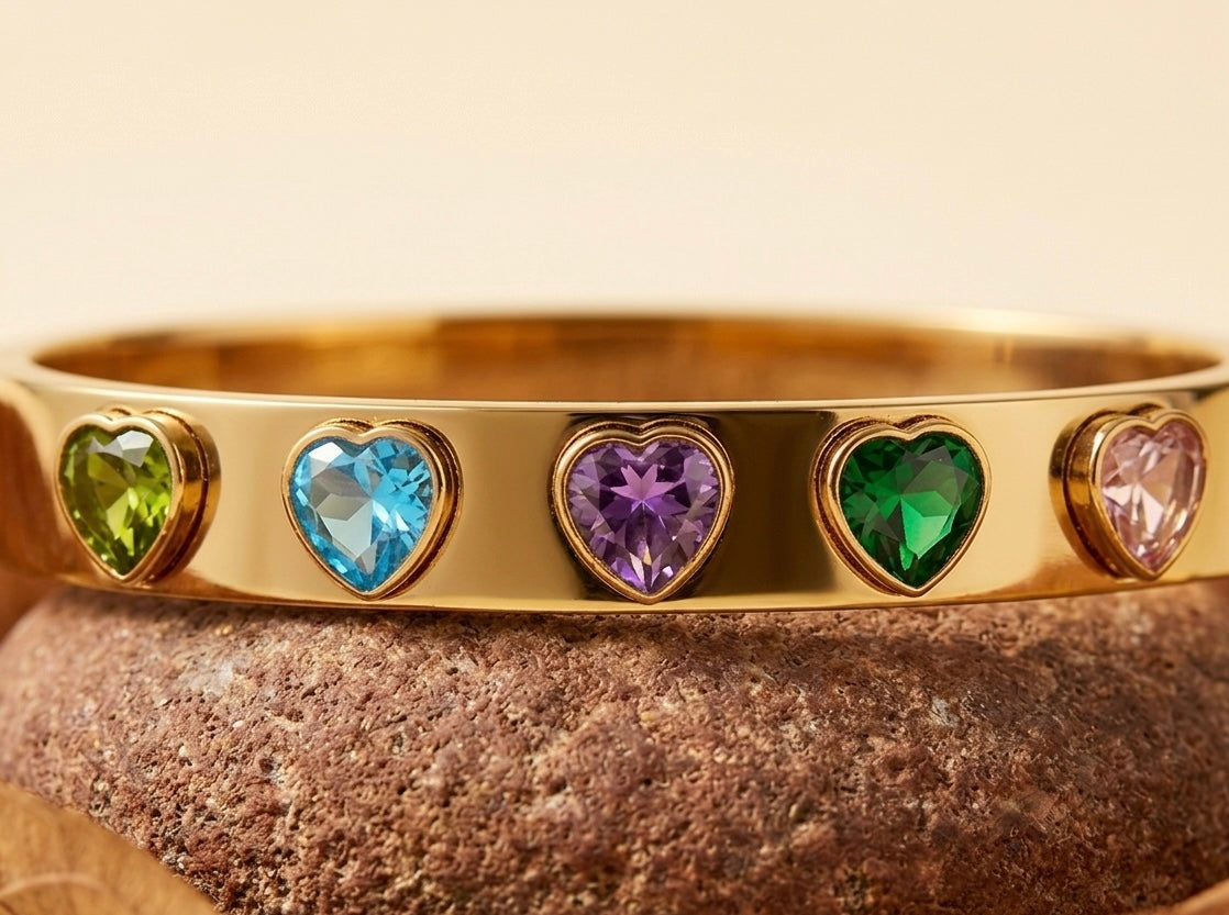 Multicolor Heart Gemstone Gold Bangle – Elegant Enamel Heart Charm Bracelet for Women