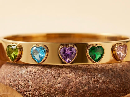 Multicolor Heart Gemstone Gold Bangle – Elegant Enamel Heart Charm Bracelet for Women