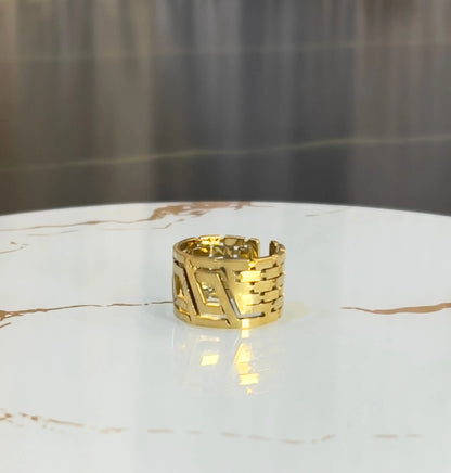 18K Gold Plated Greek Key Adjustable Ring - Bold Geometric Meander Band - Vintage Greek Motif Statement Ring for Women - ACERO JEWELS