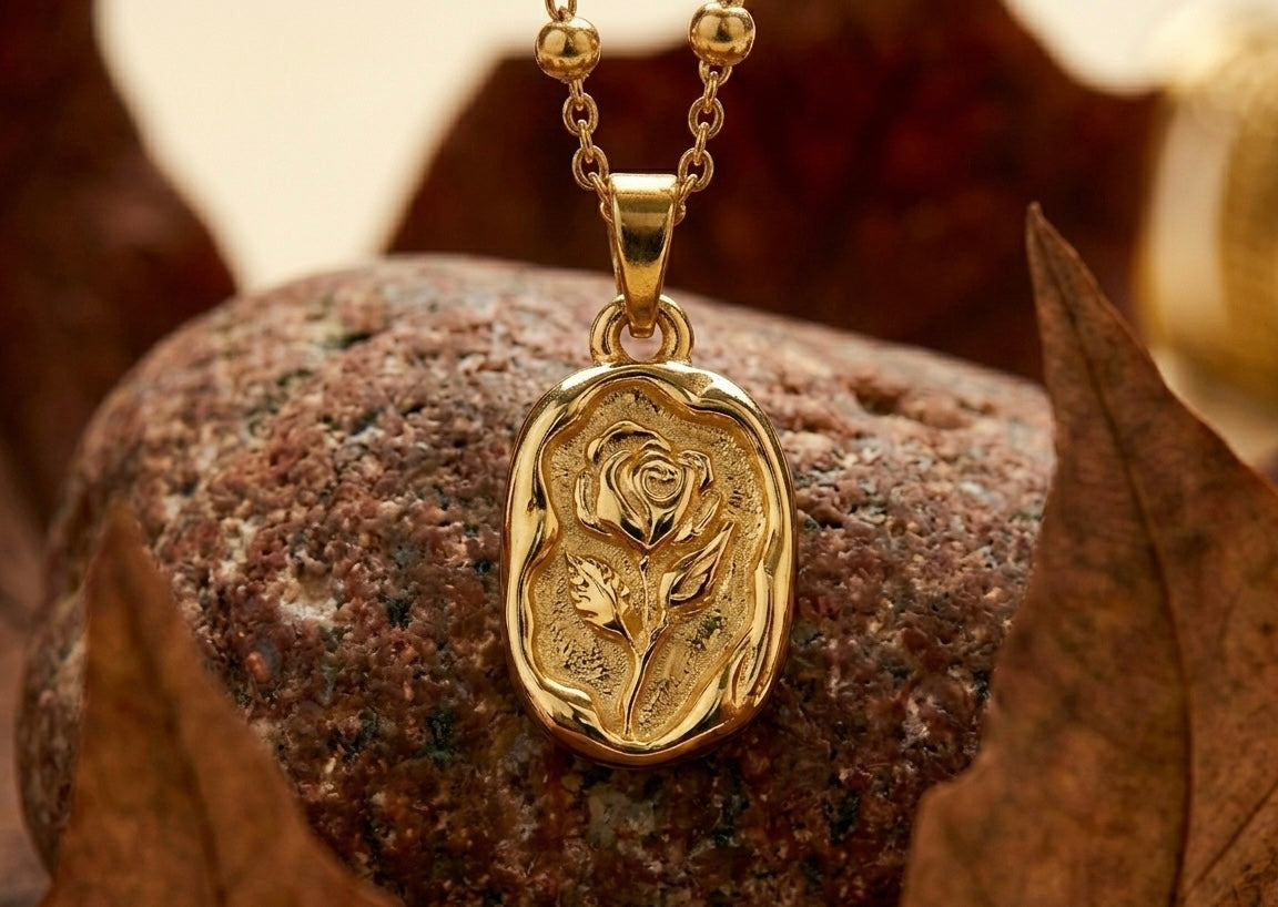 18K Gold Plated Vintage Rose Medallion Necklace | Embossed Floral Pendant on Dainty Link Chain